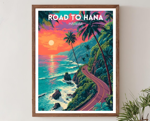 Road To Hana Hawaii Vibrant Coastal Sunset Retro Travel Poster