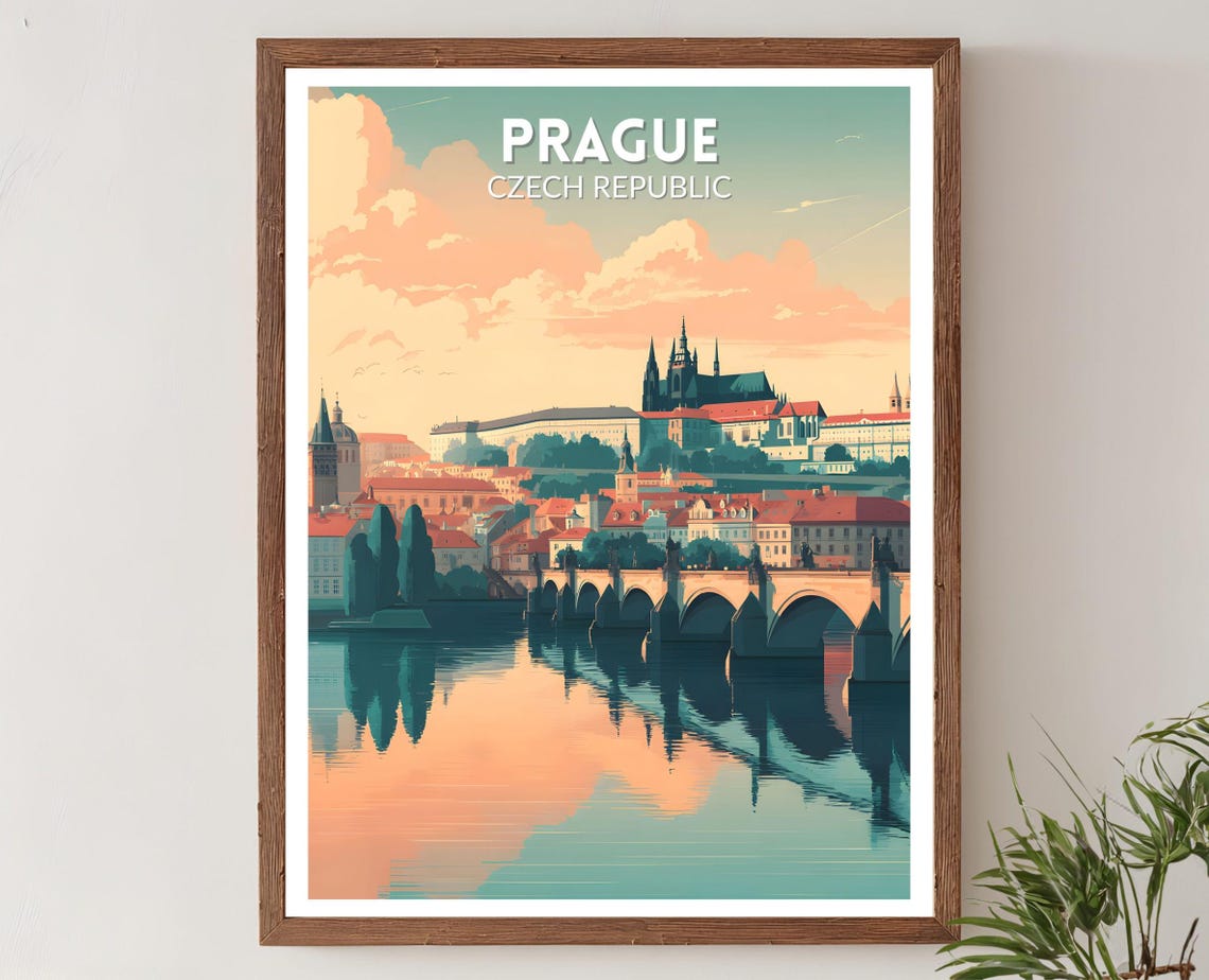 Prague Czech Republic Charles Bridge Castle Sunrise Travel Poster
