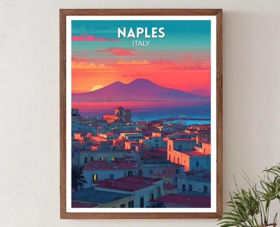 Naples Italy Vibrant Travel Poster, Coastal Landscape