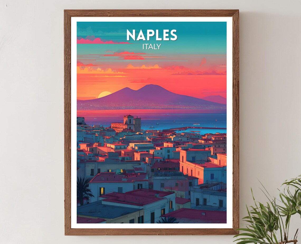 Naples Italy Vibrant Travel Poster, Coastal Landscape