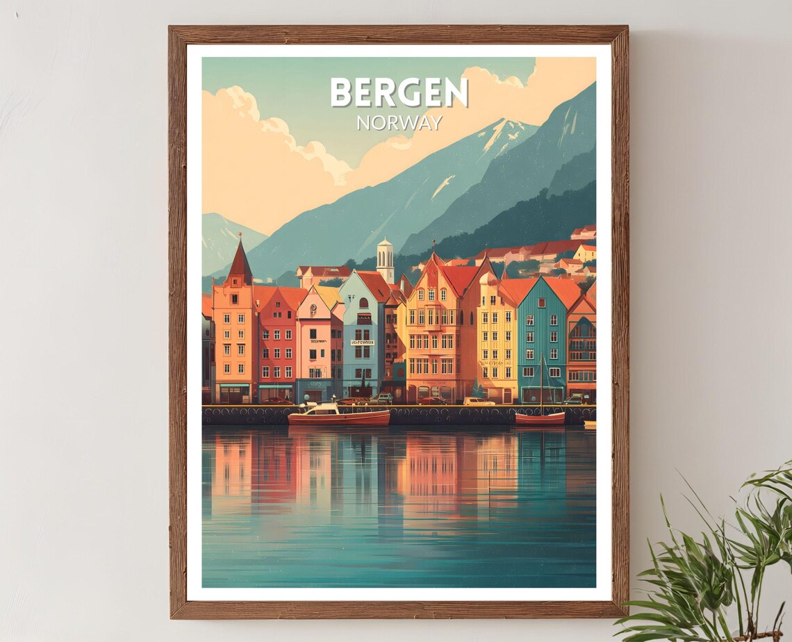 Bergen Norway Retro Travel Poster, Mid Century Modern