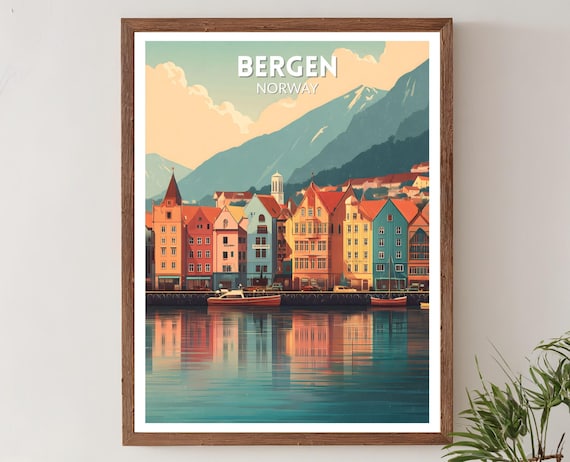 Bergen Norway Retro Travel Poster, Mid Century Modern