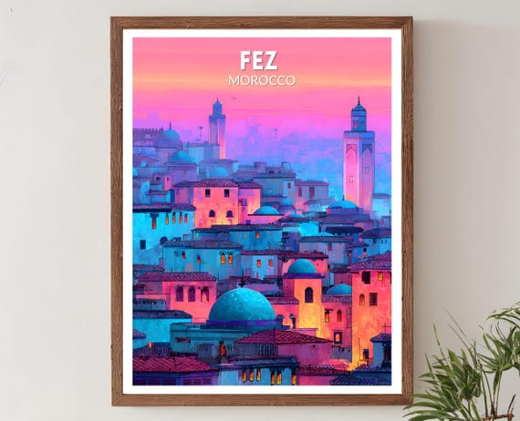 Fez Morocco Vibrant Travel Poster Retro Futuristic Wall Art Print Colorful Cityscape Landscape Modern Decor