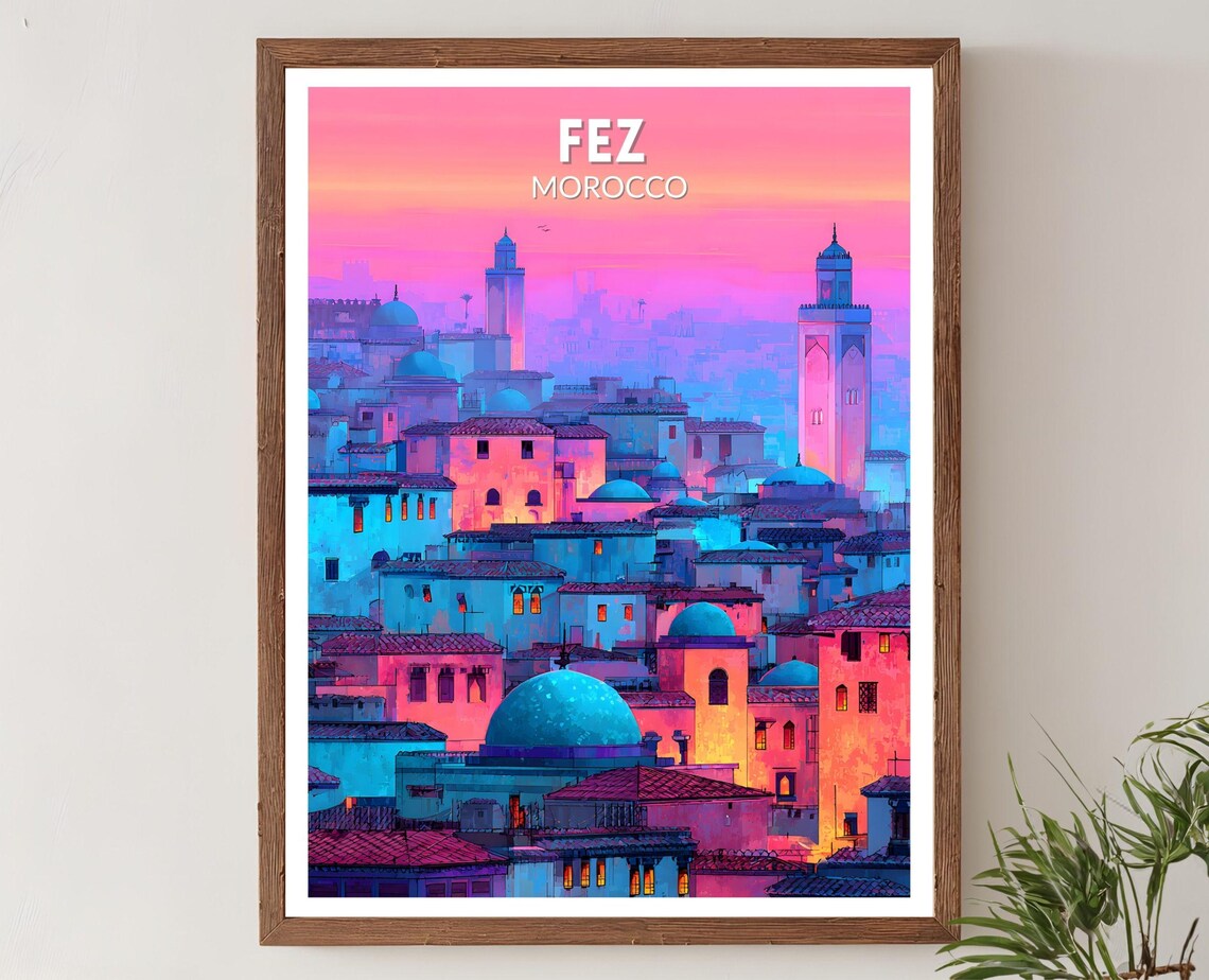 Fez Morocco Medina Sunset Night Lights Vibrant Travel Poster Art