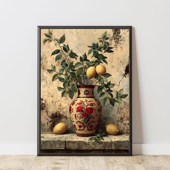 Armenian Lemon Vase Art Print Traditional Still Life Painting Cultural Heritage Wall Decor Symbolic Fruit Artworkrustic Kitchen