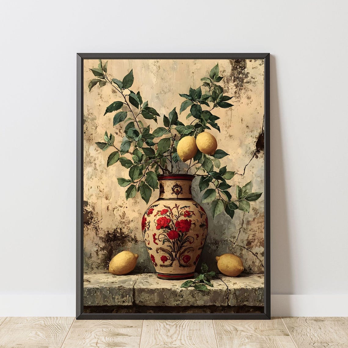 Vintage Lemon Branch Vase Traditional Still Life Fruit Art Print