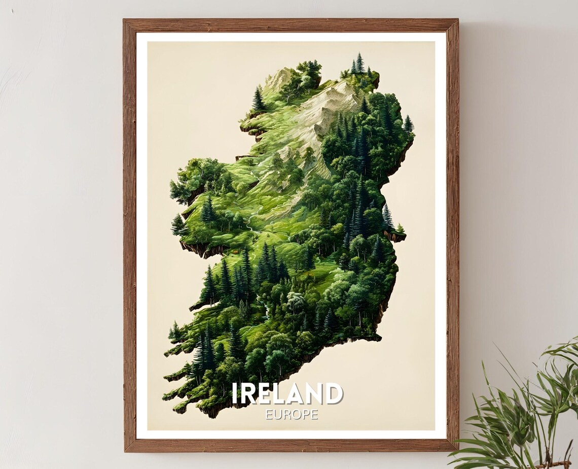 Ireland Europe 3D Forest Map Emerald Isle Green Nature Travel Poster