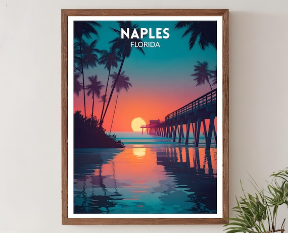 Naples Florida Neon Ocean Sunset Pier Futuristic Travel Poster