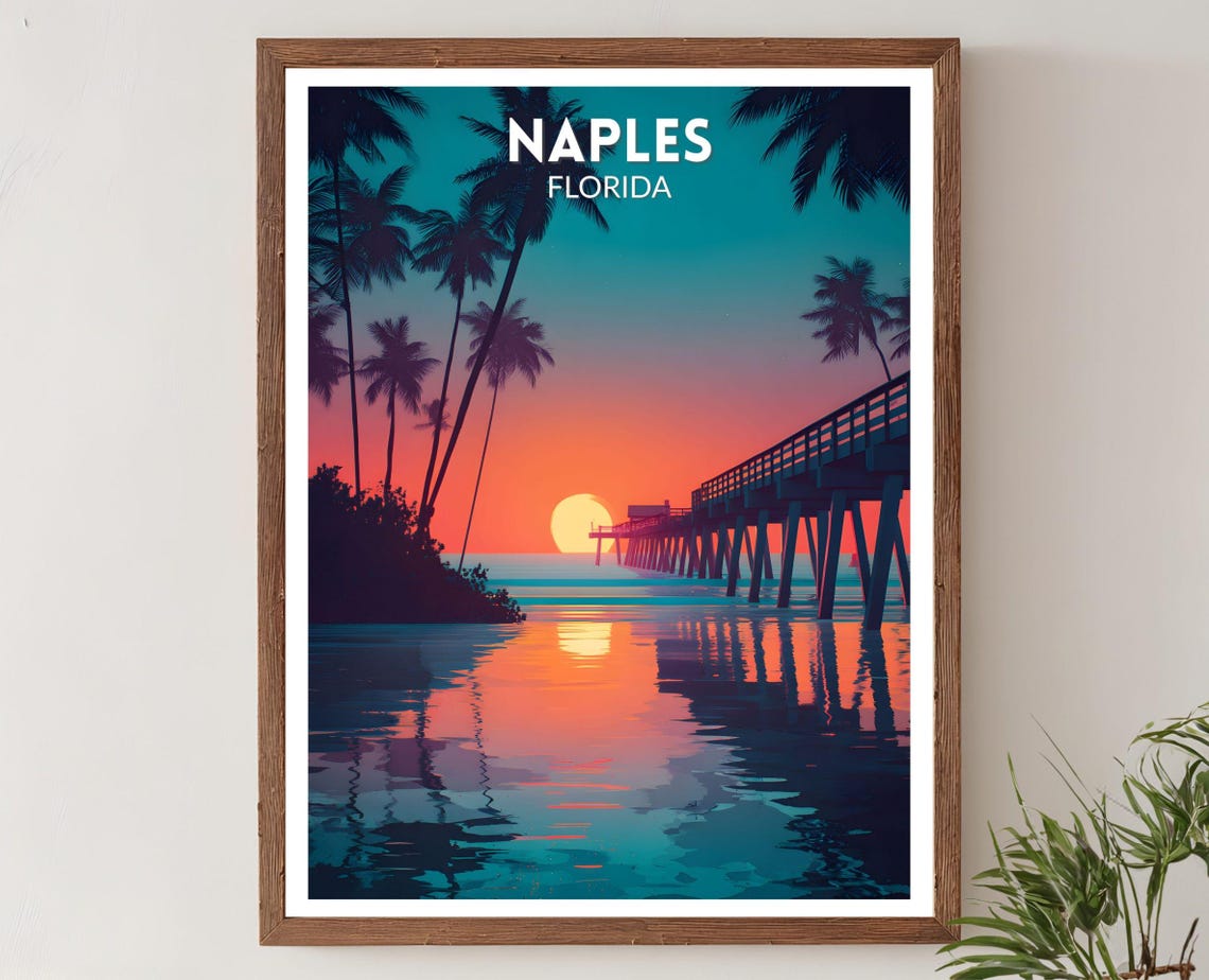 Naples Florida Neon Ocean Sunset Pier Futuristic Travel Poster