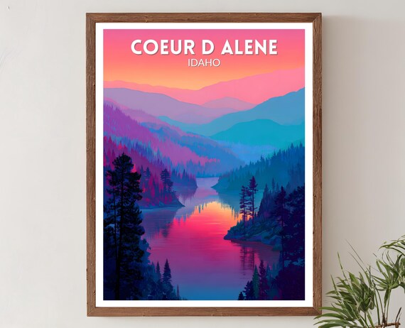 Coeur D Alene Idaho Vibrant Retro Futuristic Lake Sunset Travel Poster