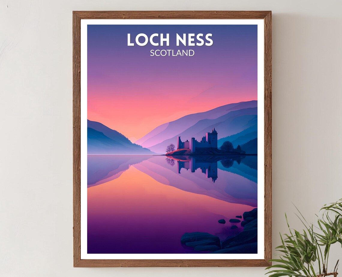 Loch Ness Scotland Sunset Castle Reflection Vibrant Travel Poster