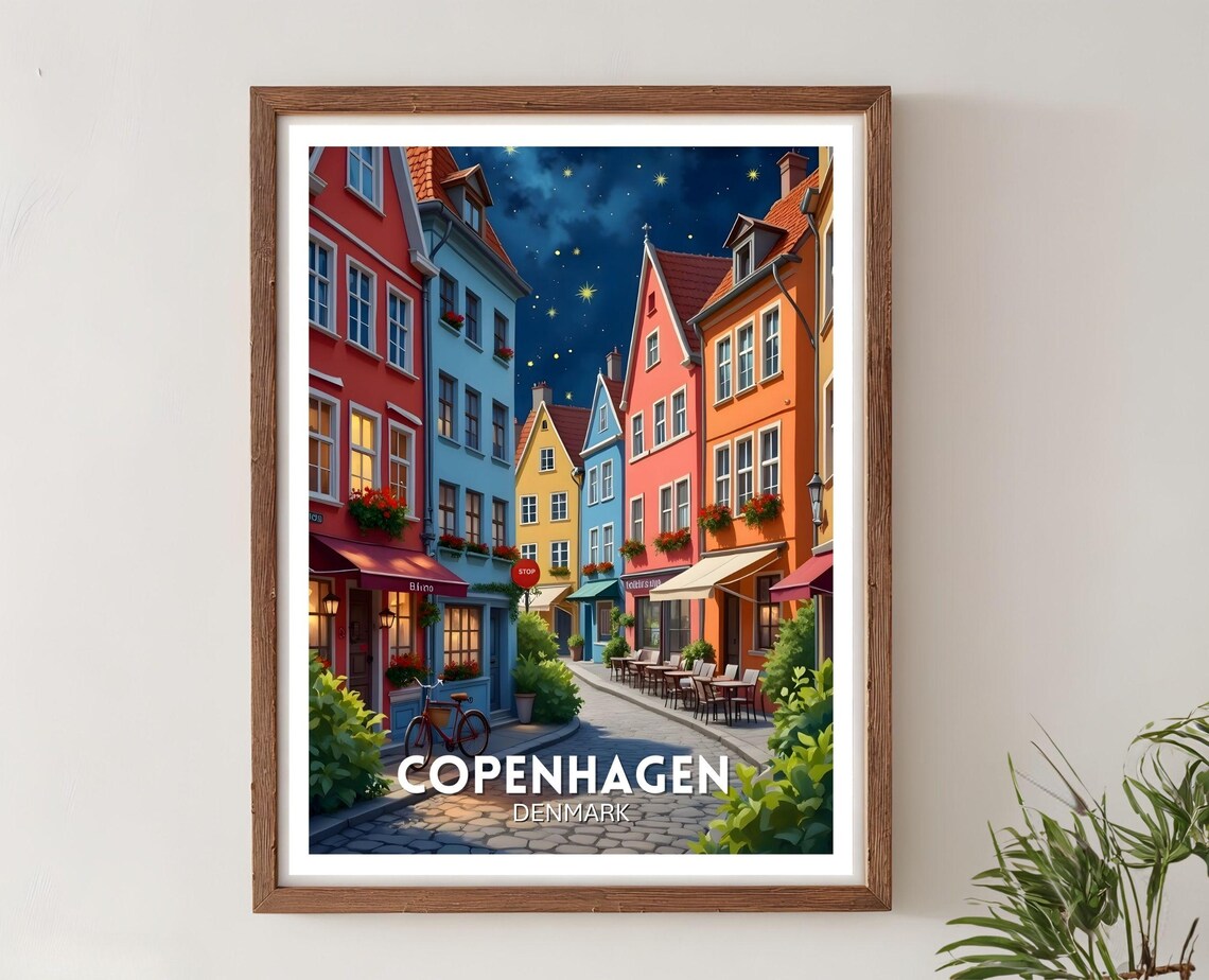 Copenhagen Denmark Colorful Night Street Starry Sky Travel Poster