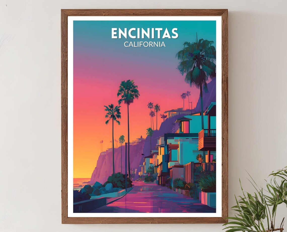 Encinitas California Neon Sunset Palm Trees Street Travel Poster