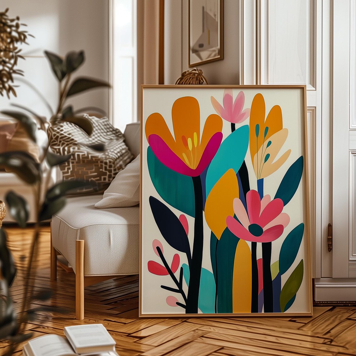 Bold Abstract Floral Orange Pink Teal Modern Botanical Art Poster - Image 2