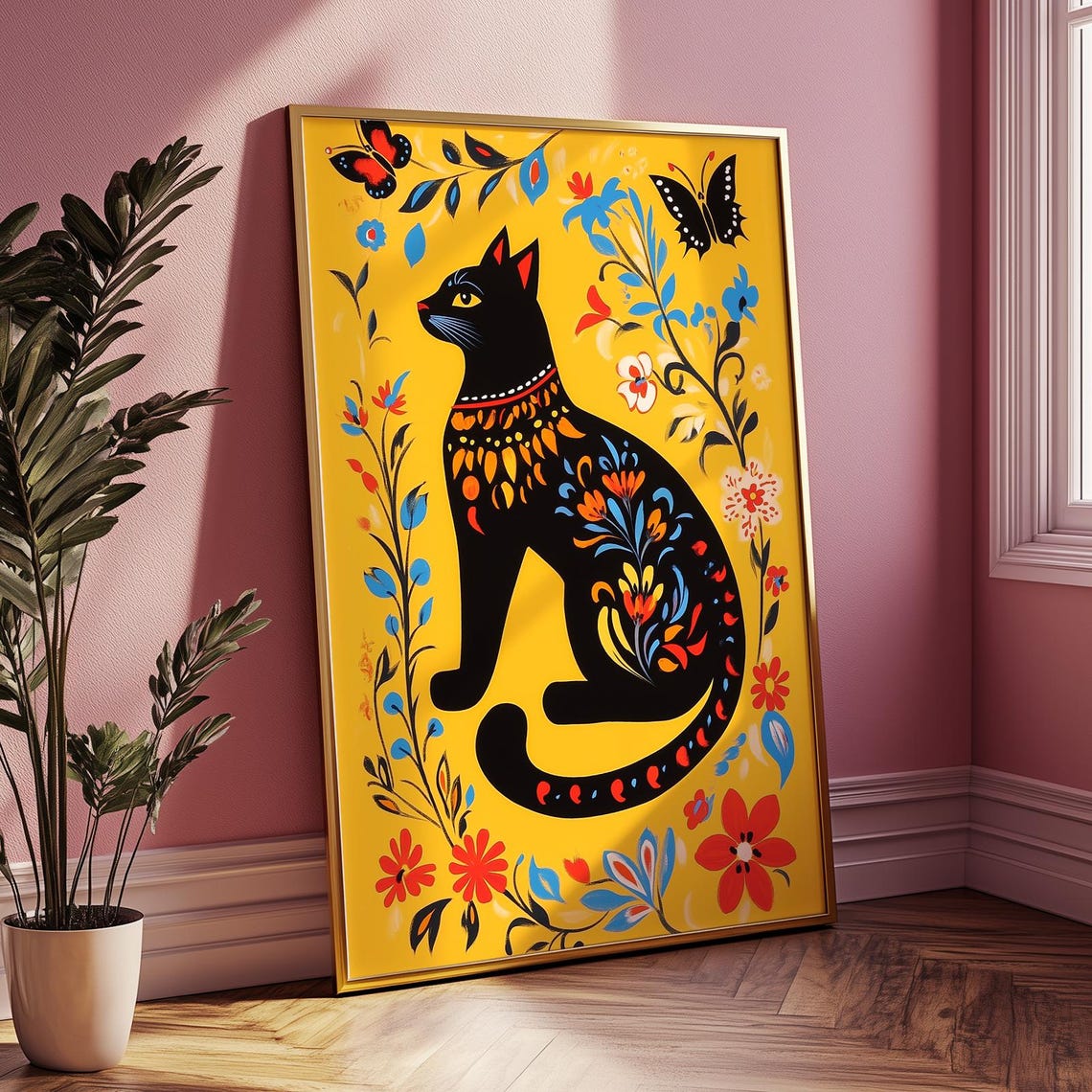 Folk Art Black Cat Floral Yellow Background Cute Kitty Poster