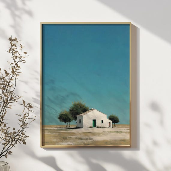 Minimalist Mediterranean House Landscape Painting Rustic Countryside Wall Art With White Cottage Blue Sky And Nature Decor