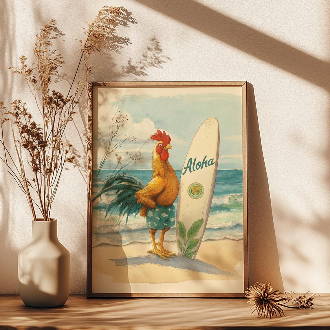 Hawaiian Rooster with Aloha Surfboard Funny Tropical Beach Poster