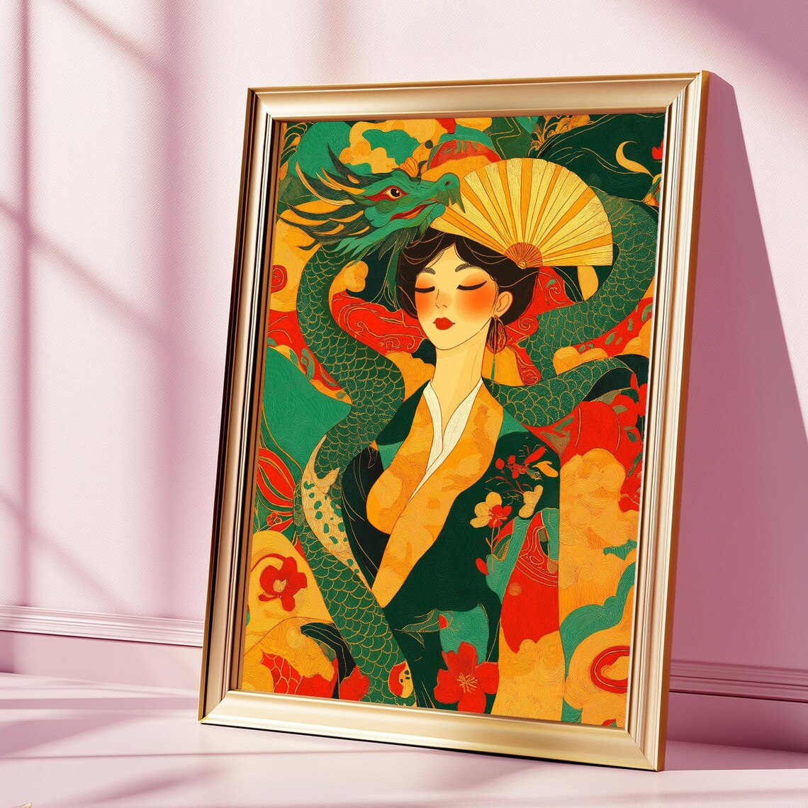 Oriental Woman with Dragon Colorful Asian Fantasy Art Poster