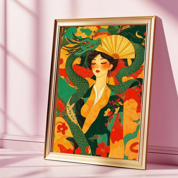 Oriental Woman With Dragon Wall Art Colorful Asian Fantasy Poster Traditional Eastern Mythology Print Boho And Zen Home Decor