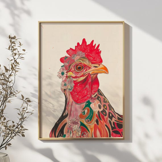 Colorful Rooster Wall Art Print Boho Farm Animal Poster Psychedelic Chicken Illustration Modern Country Decor Gift For Lovers