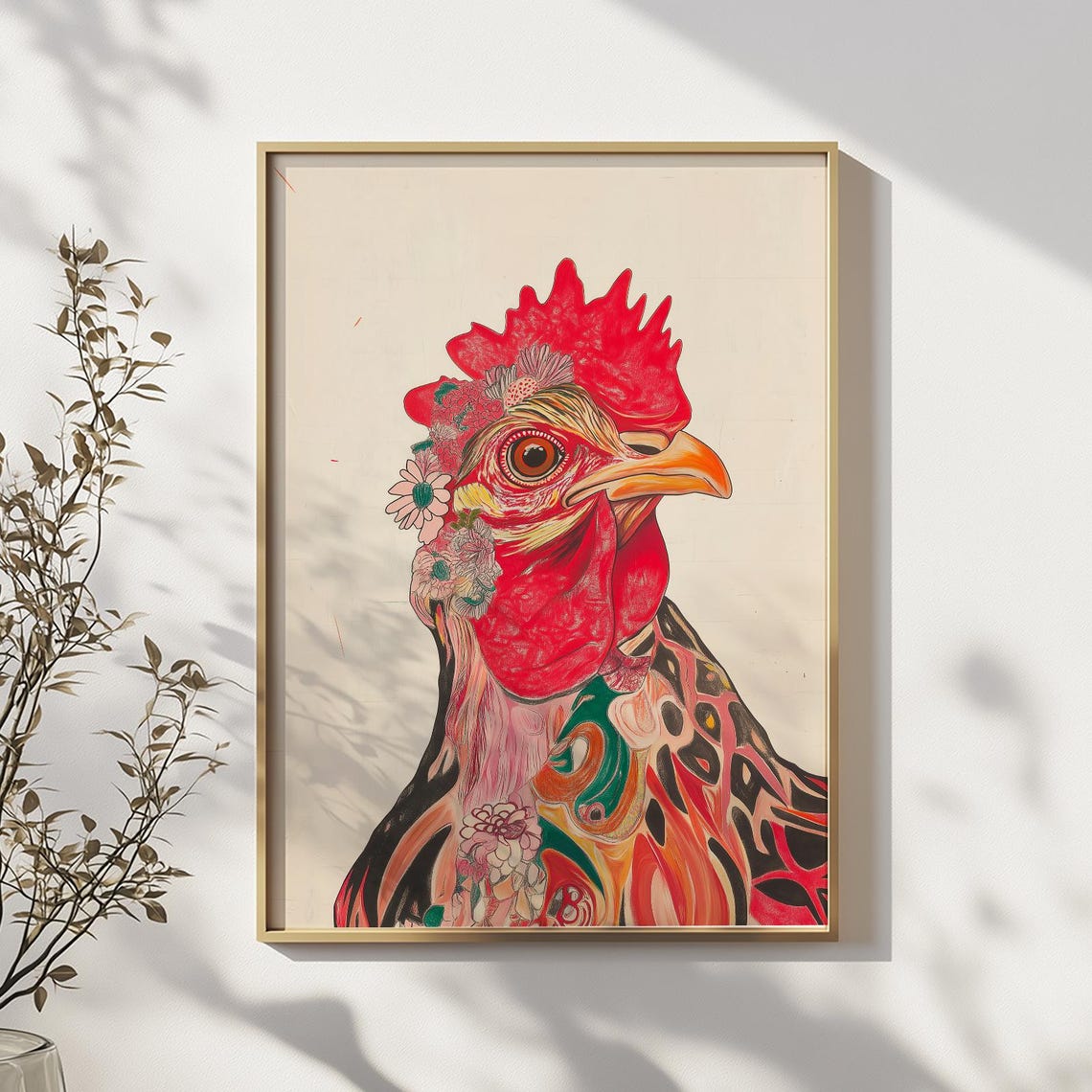 Colorful Rooster Wall Art Print Boho Farm Animal Poster Psychedelic Chicken Illustration Modern Country Decor Gift For Lovers