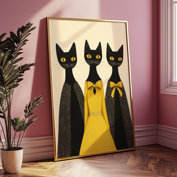 Three Elegant Black Cats Yellow Dress Bow Whimsical Feline Portrait Poster