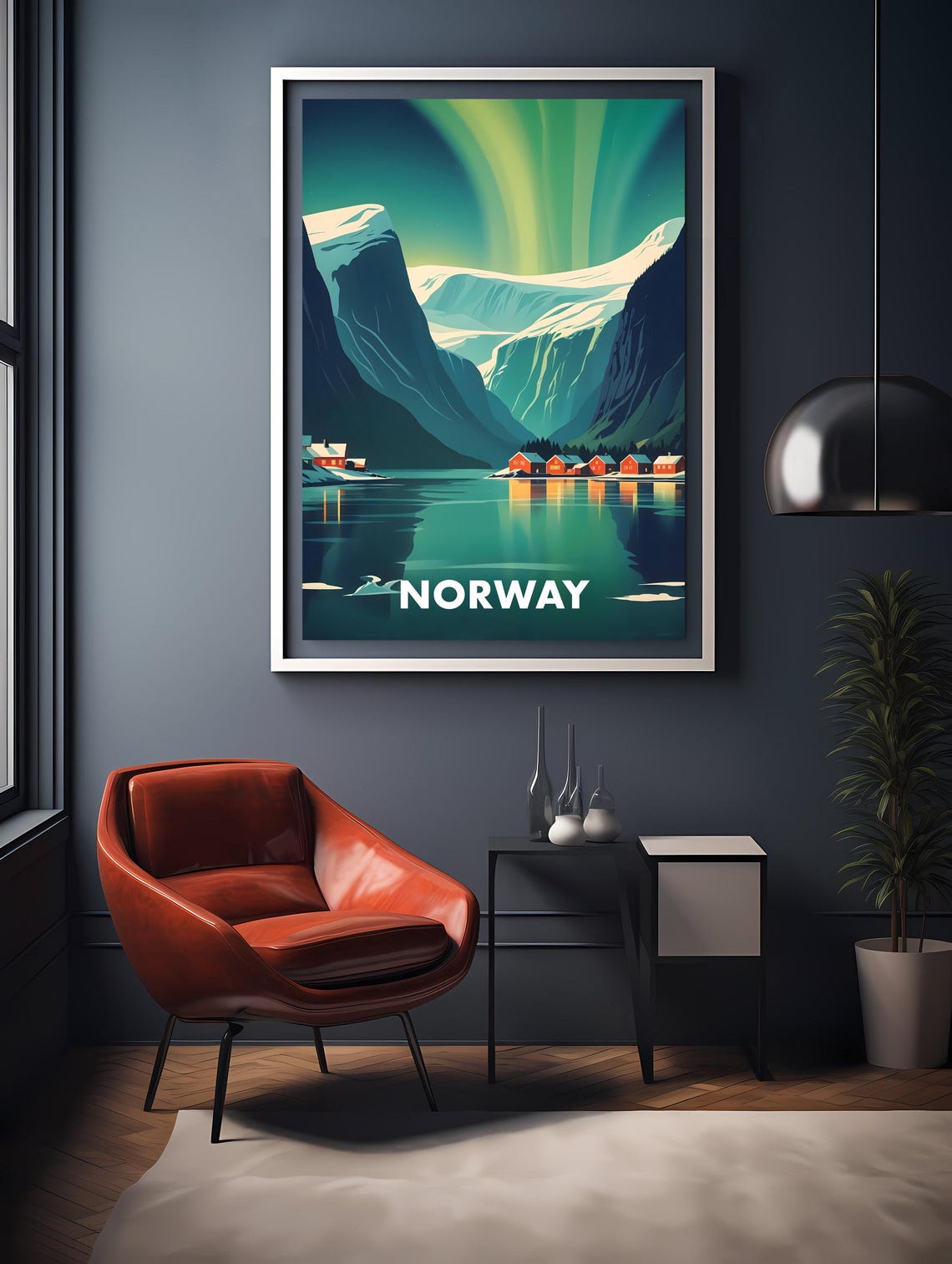 Norway Fjord Northern Lights Red Cabins Under Starry Night Poster - Image 2