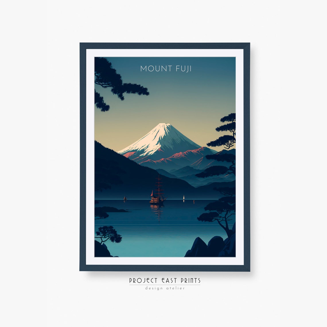 Mount Fuji Japan Retro Travel Poster With Lake Reflection At Dusk