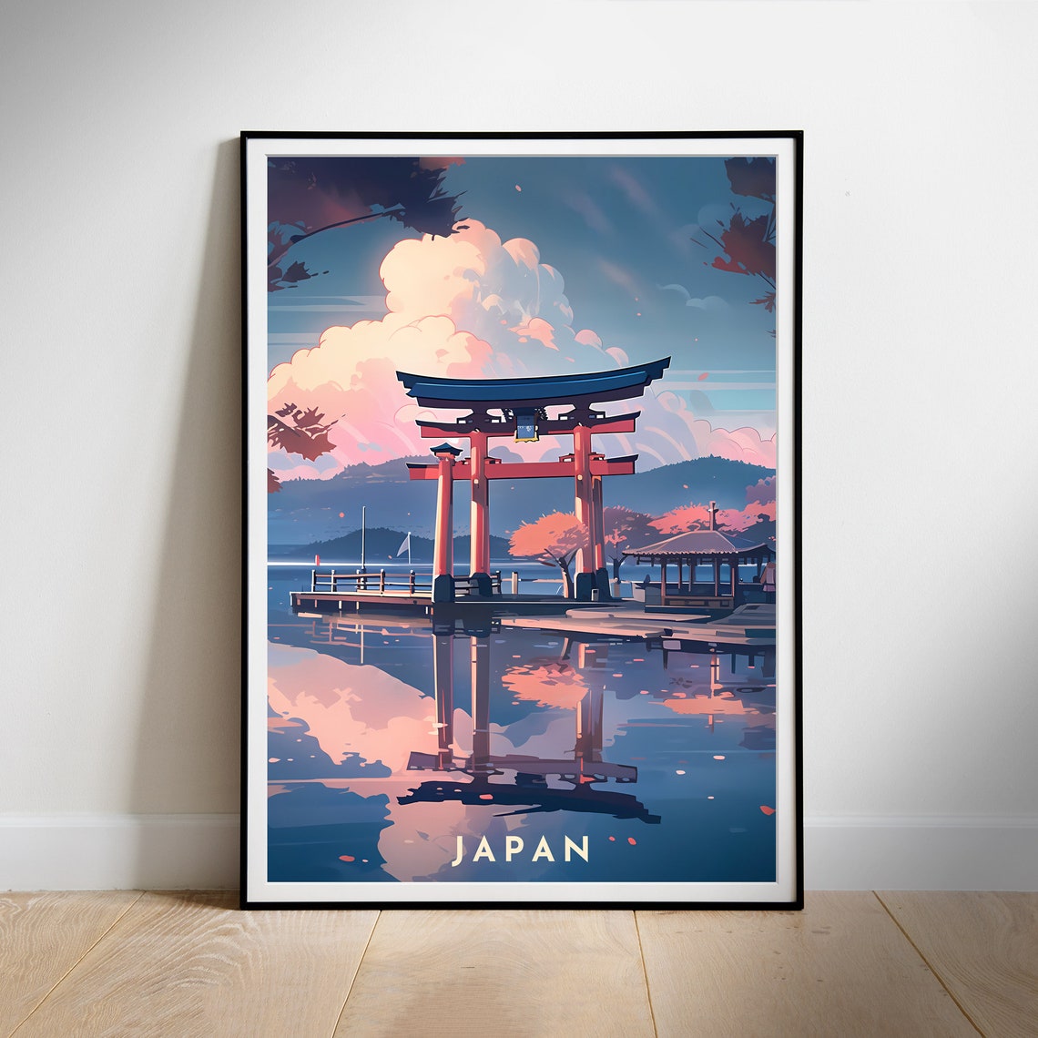 Japan Vermilion Torii Gate Sunset Reflection Retro Travel Poster