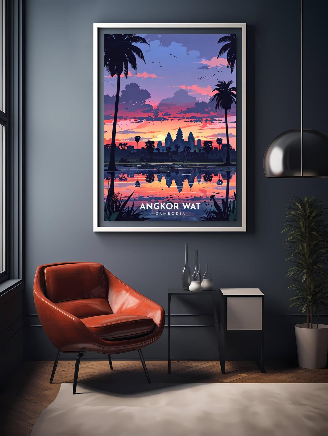 Angkor Wat Cambodia Sunset Temple Silhouette Palm Trees Poster - Image 2