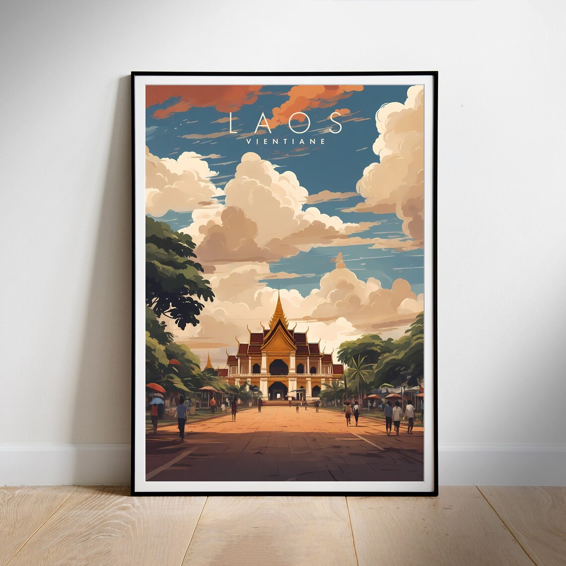 Laos Vientiane Golden Temple Plaza Boulevard Retro Travel Poster