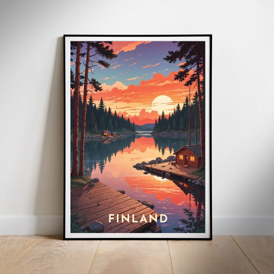 Finland Lake Sunset Log Cabin Pine Forest Lakeside Travel Poster