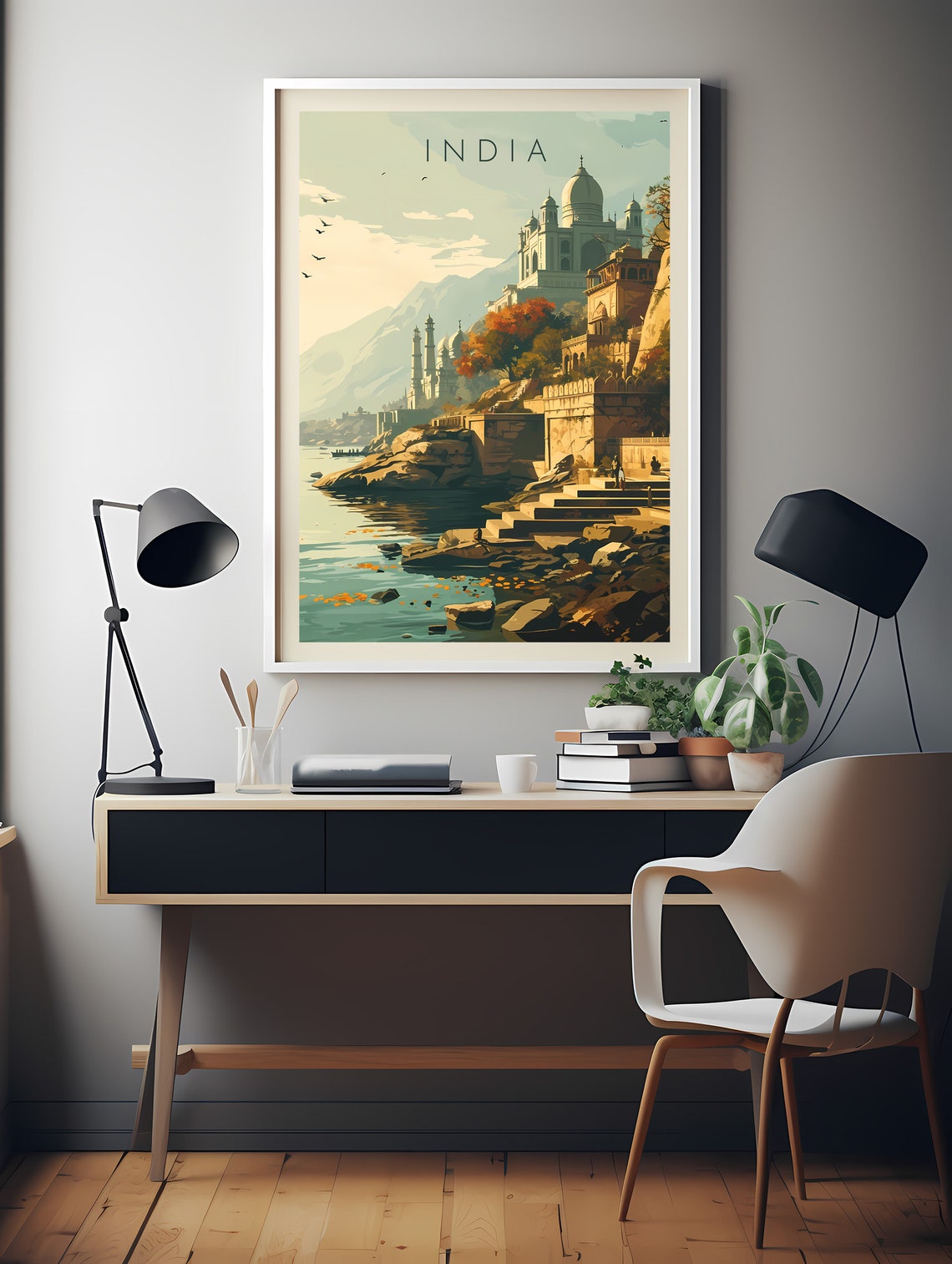 India Riverside Royal Palace at Golden Dawn Retro Travel Poster - Image 2