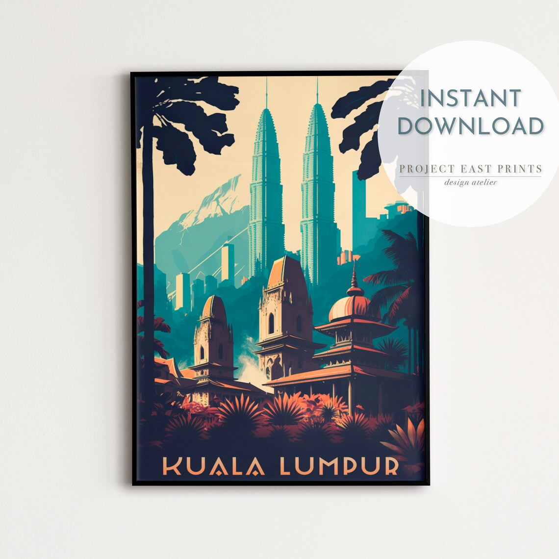 Kuala Lumpur Malaysia Twin Towers Skyline Palm Travel Poster