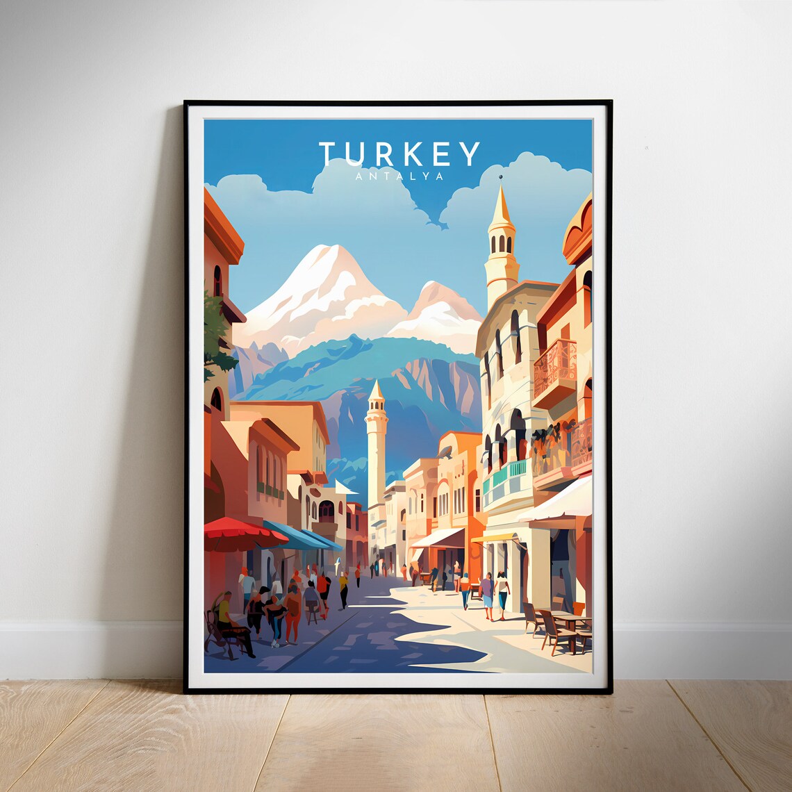Turkey Antalya Old Town Street Vintage Travel Poster Mountains