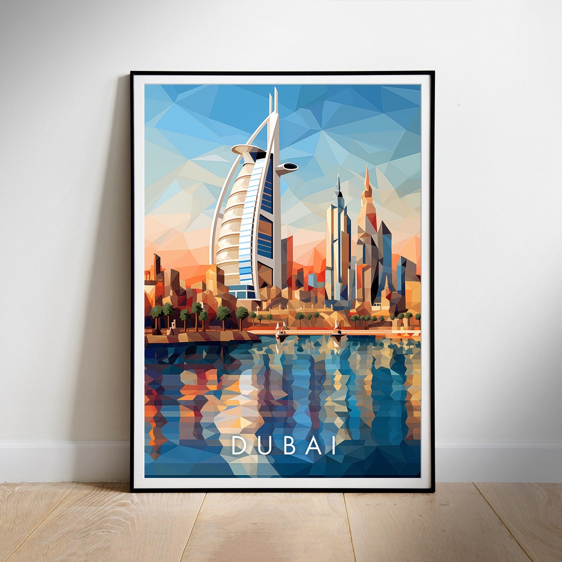 Dubai Burj Al Arab Geometric Skyline Waterfront Travel Poster