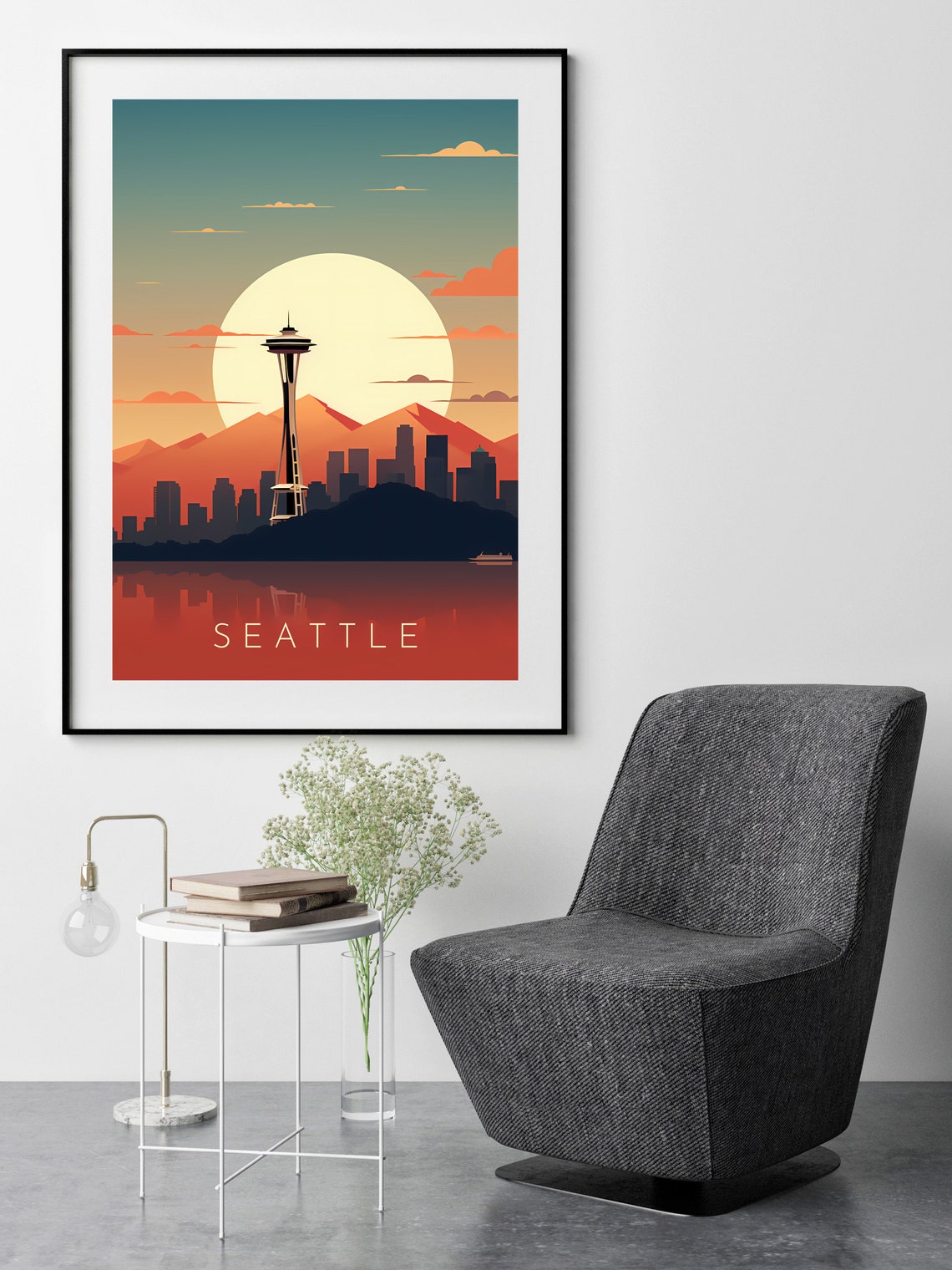Vibrant Seattle Sunset Skyline Space Needle Retro Travel Poster