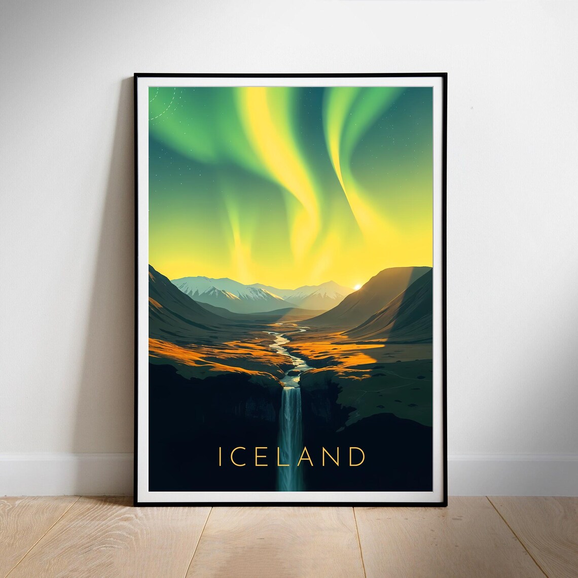 Iceland Northern Lights Waterfall Aurora Night Travel Poster