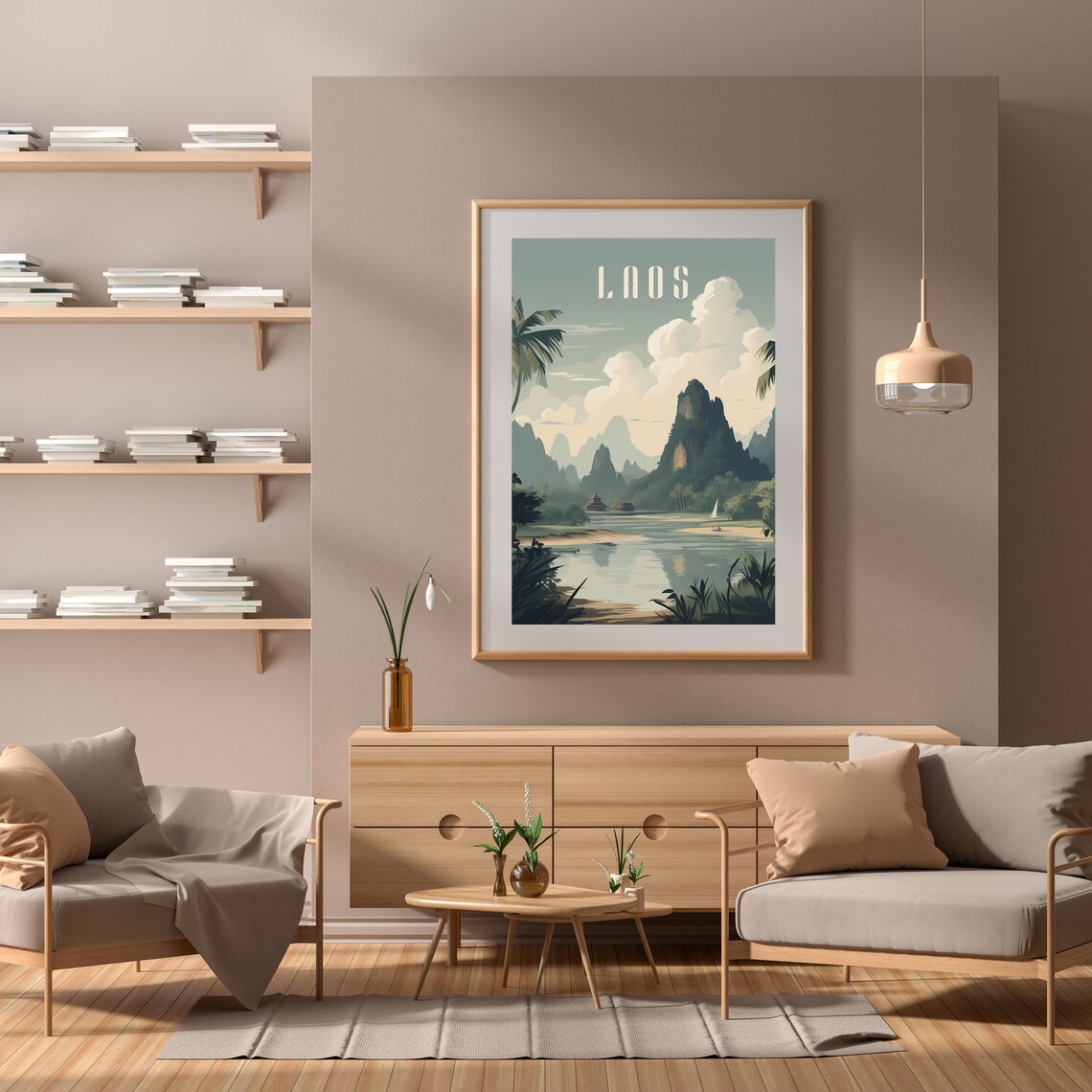 Laos Misty Karst Mountains River Village Muted Retro Travel Poster - Image 2