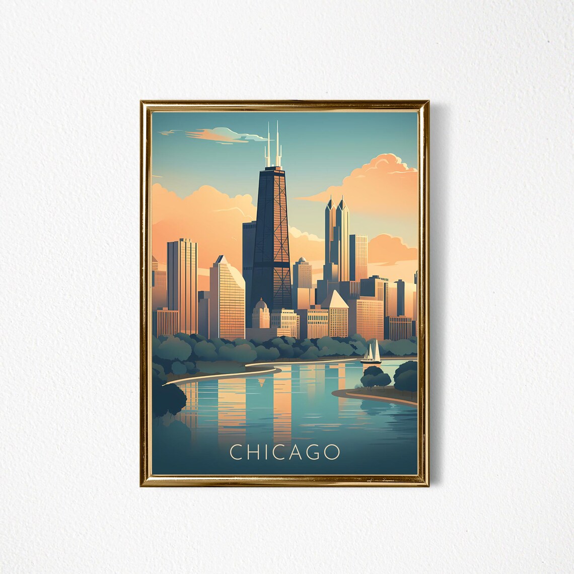 Chicago Skyline Golden Sunset Lakefront Reflection City Travel Poster - Image 2