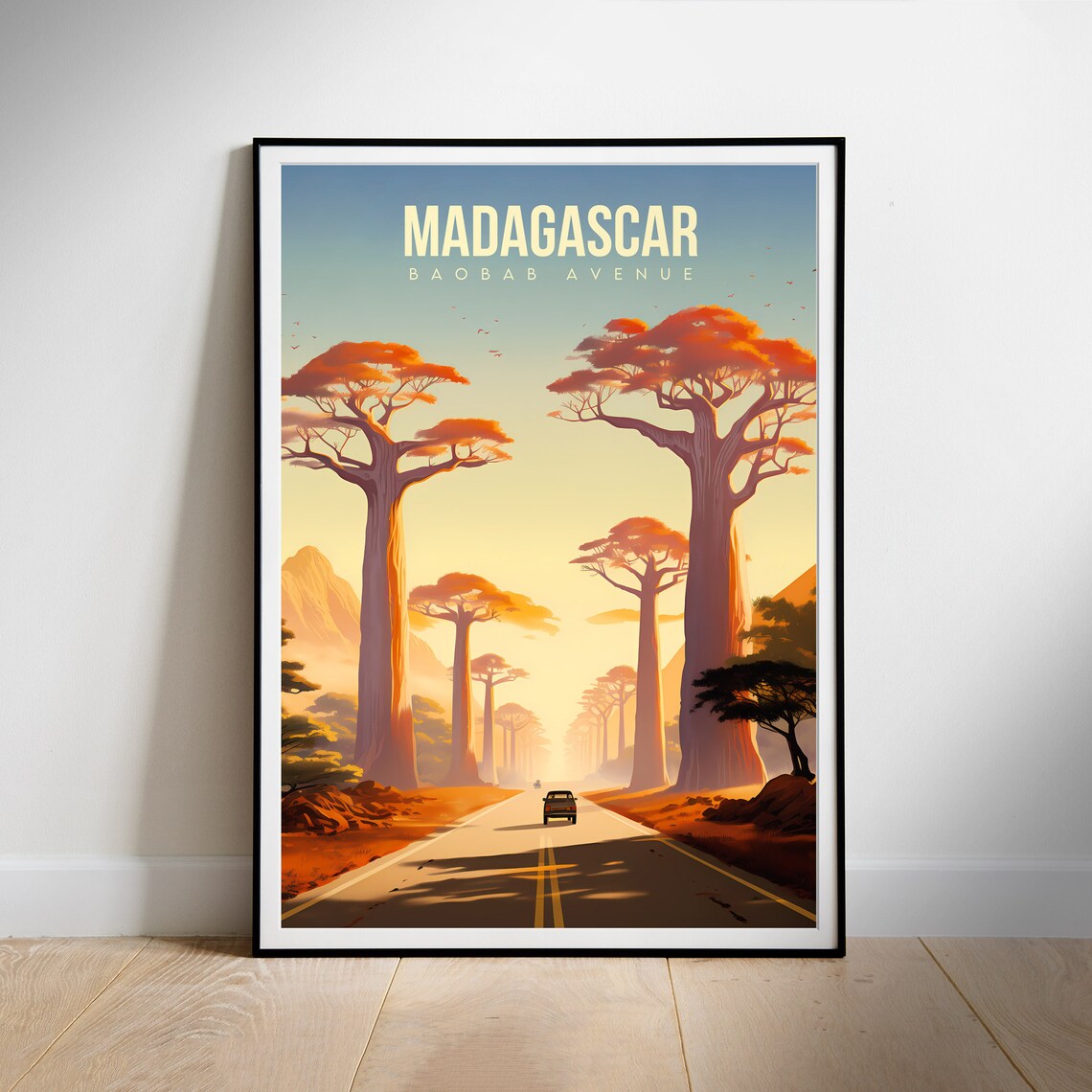 Madagascar Avenue of the Baobabs Golden Sunset Road Travel Poster