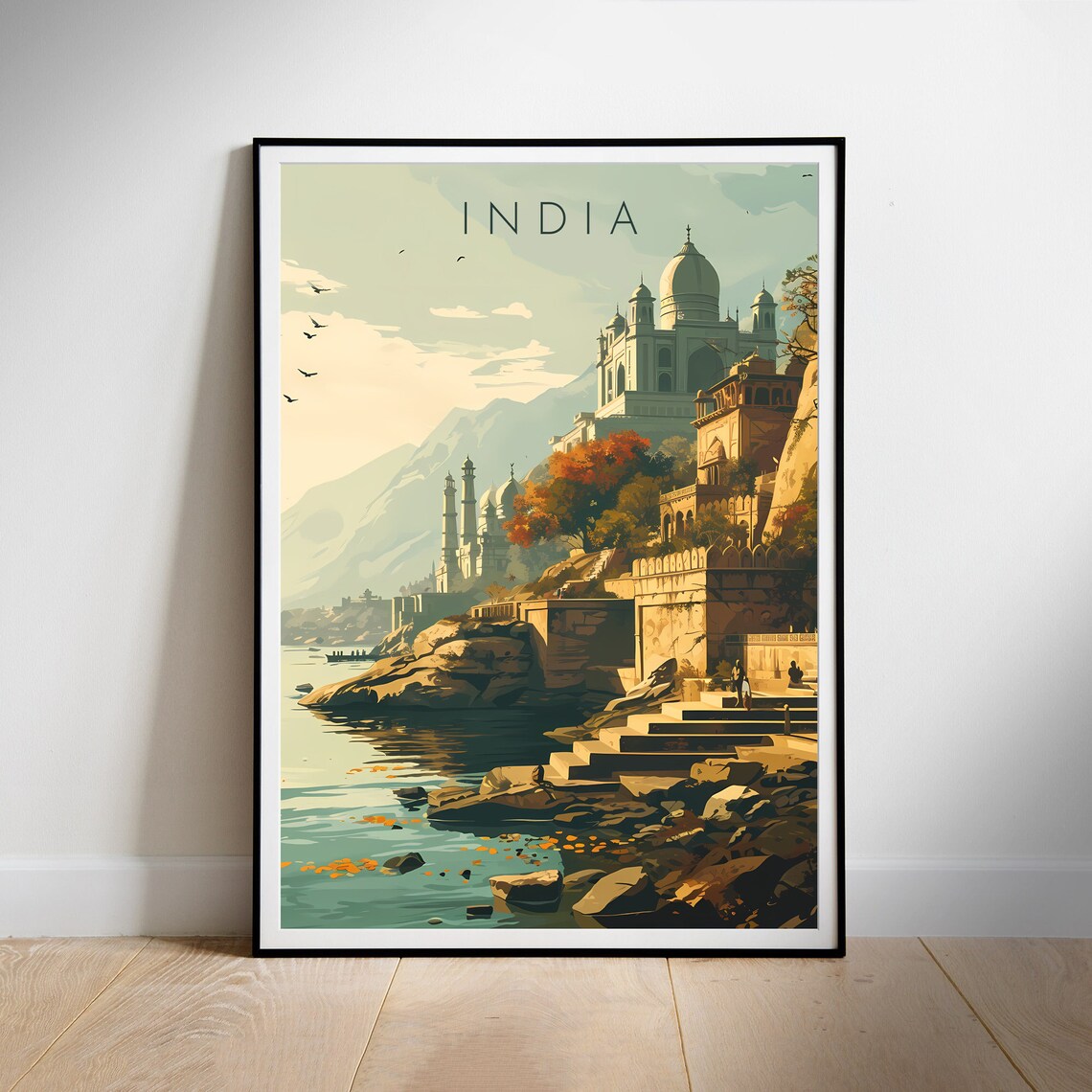 India Riverside Royal Palace at Golden Dawn Retro Travel Poster - Image 3