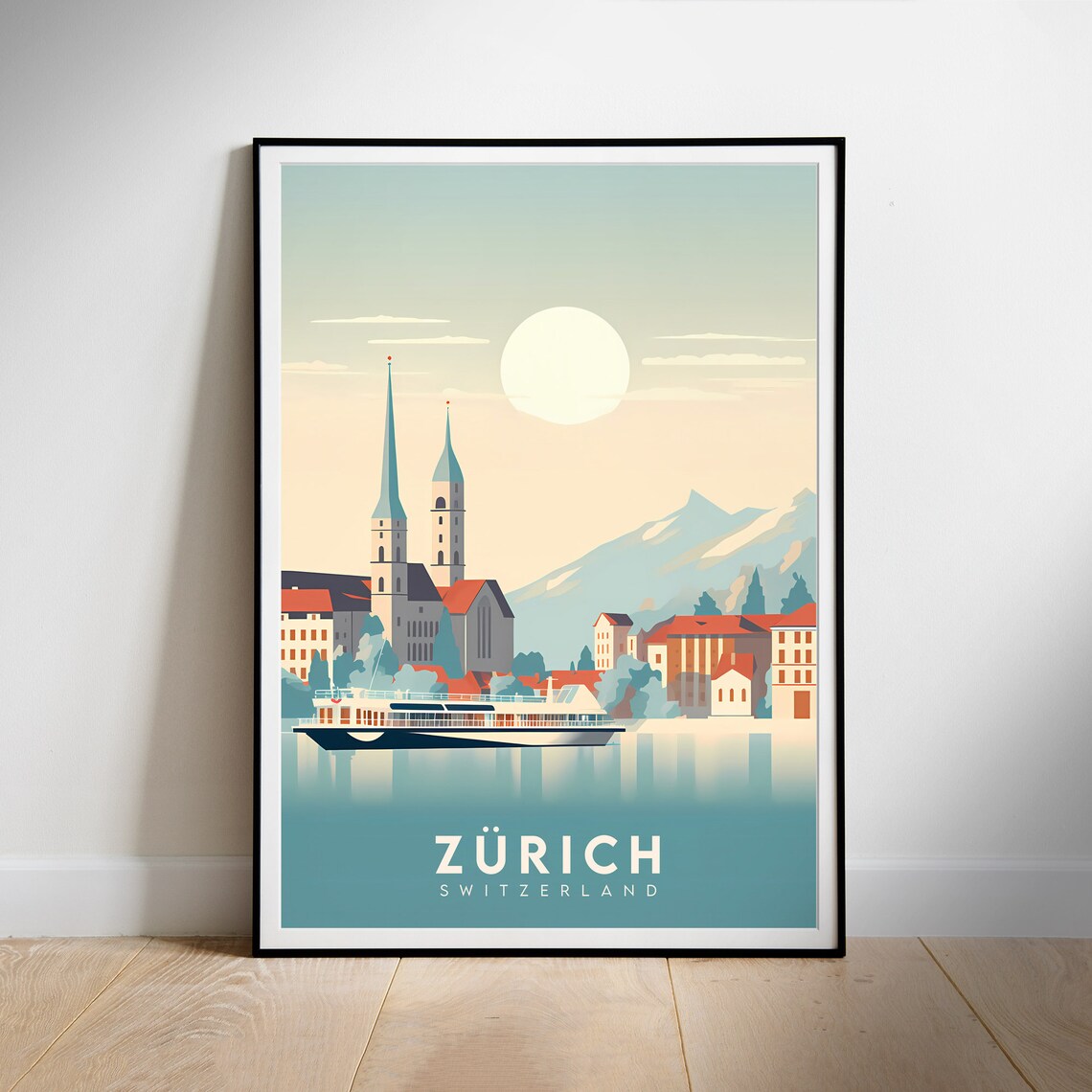 Zurich Lakefront Sunrise Minimalist Vintage City Travel Poster
