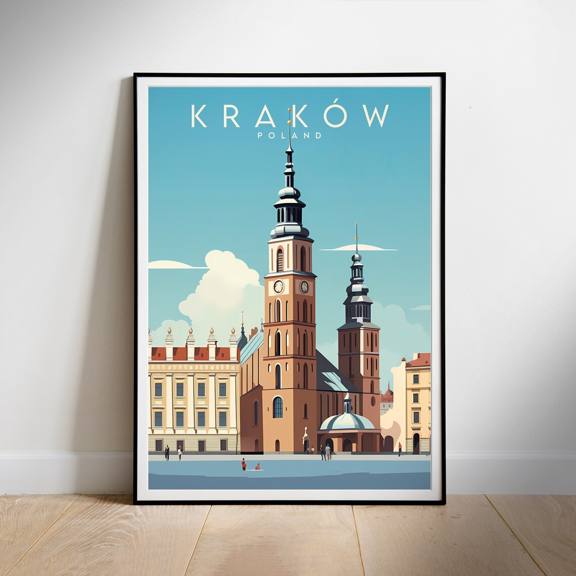 Krakow Poland Old Town Market Square Tower Retro Travel Poster