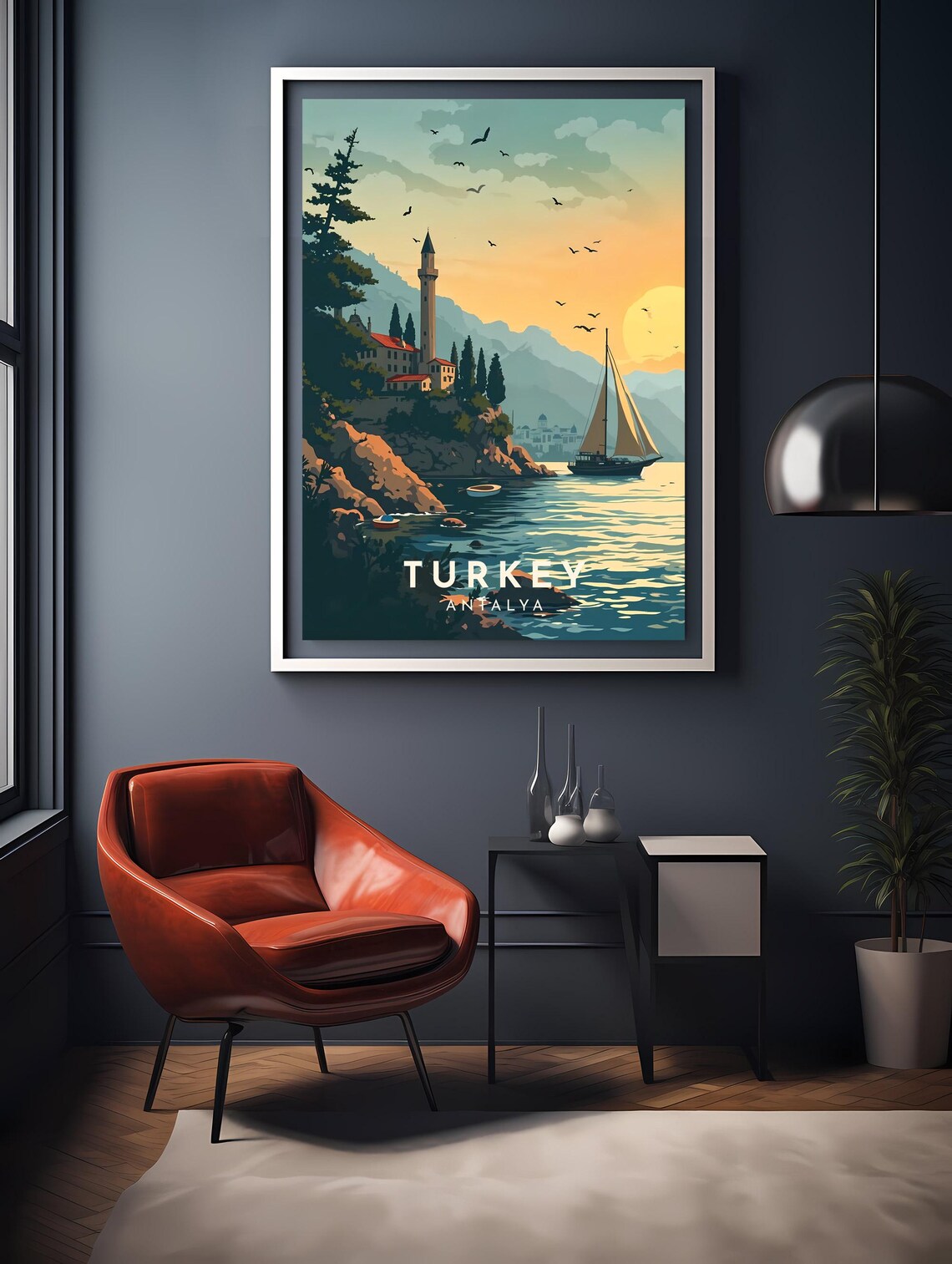 Turkey Antalya Coastal Sunset Sailboat Harbor Evening Travel Poster - Image 2