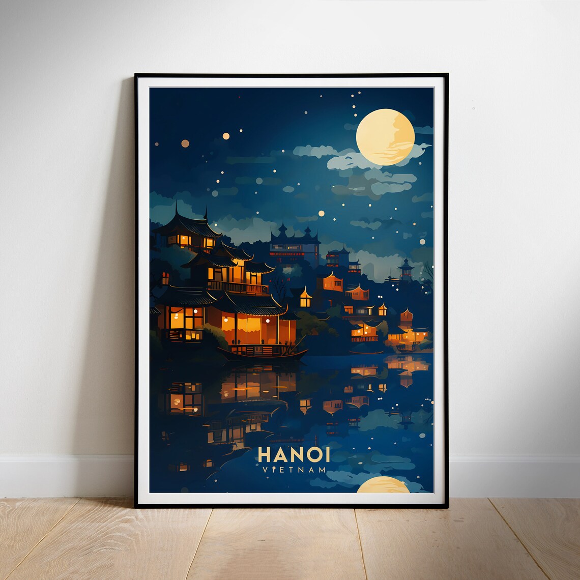 Hanoi Vietnam Night Moonlit Riverside Temples Retro Travel Poster