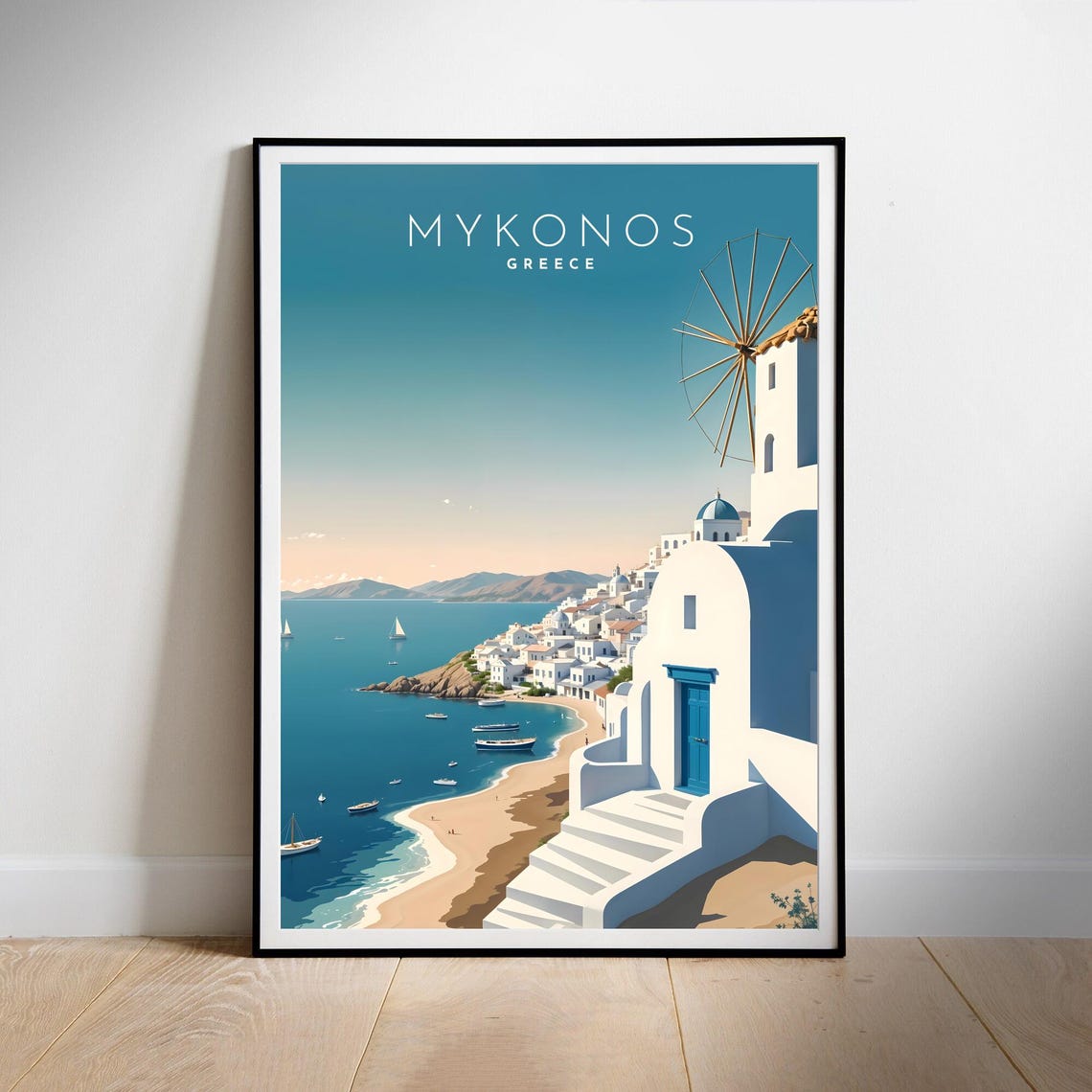 Mykonos Greece Whitewashed Town Windmill Beach Travel Poster