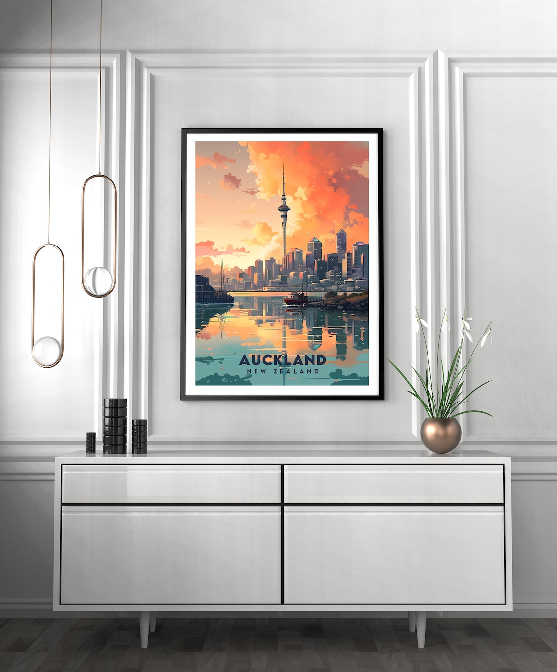 Auckland New Zealand Skyline Sunset Harbor Waterfront Travel Poster - Image 2