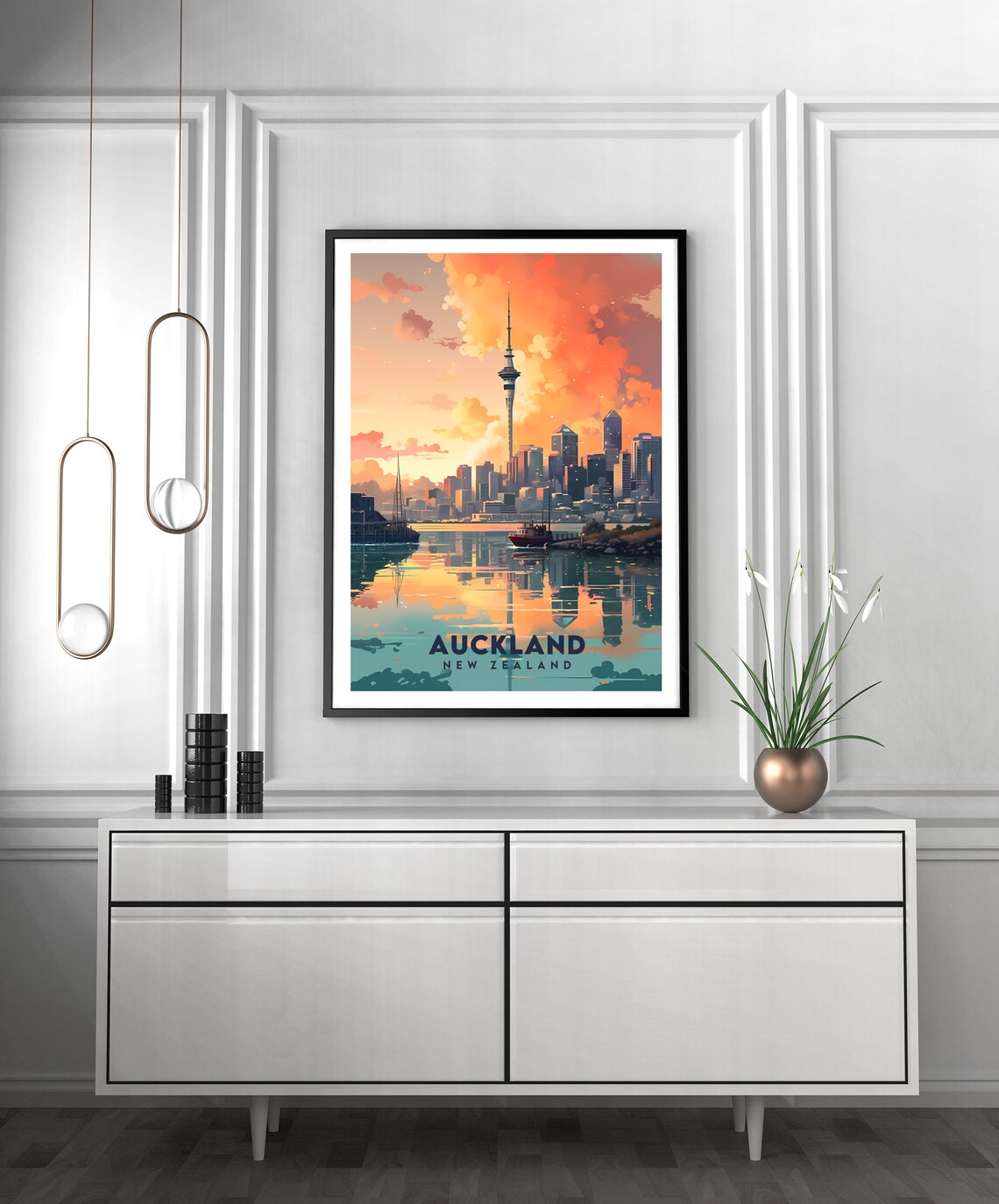 New Zealand Travel Poster Auckland Cityscape Art Colorful Travel Print Prints Instant Printable Wall Art - Image 2