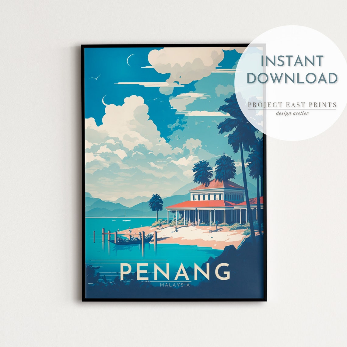 Penang Malaysia Beachfront Colonial House Tropical Travel Poster